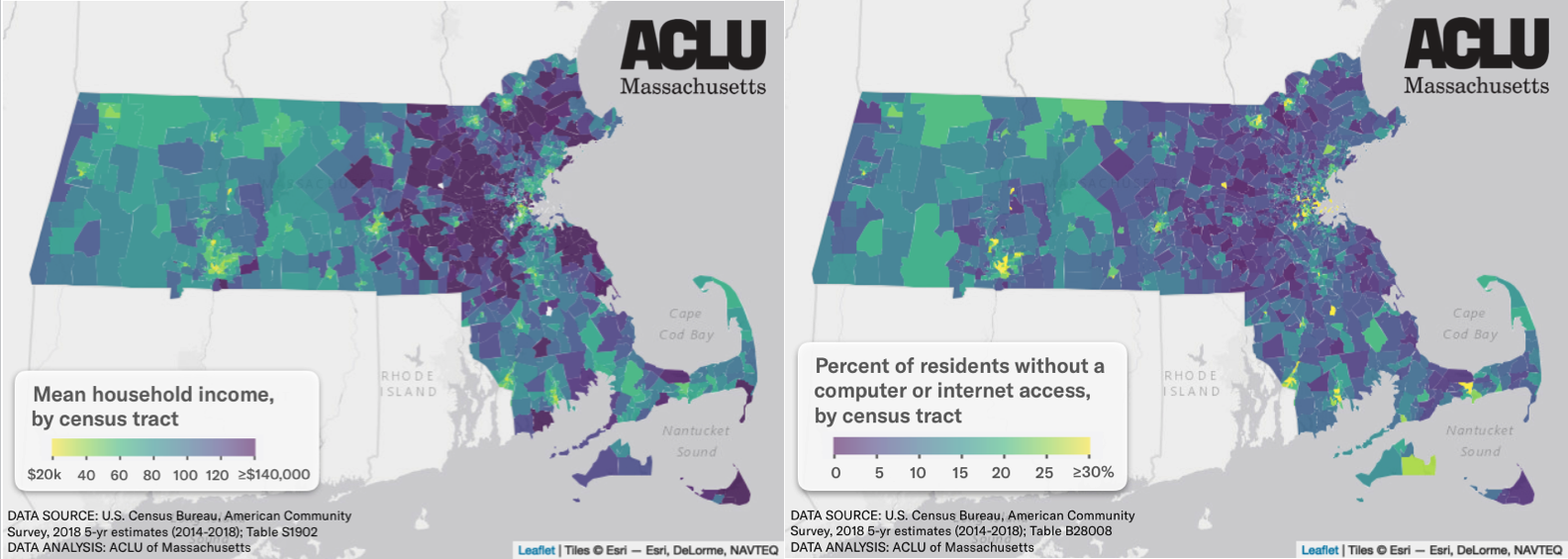 Map of income next to map of computer and internet access