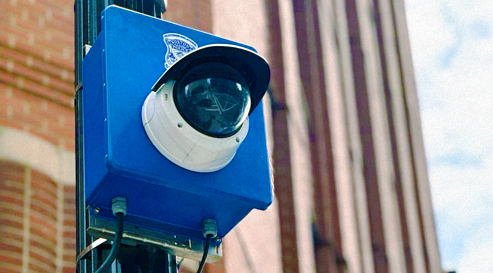 A Boston police surveillance camera attached to a characteristic blue box