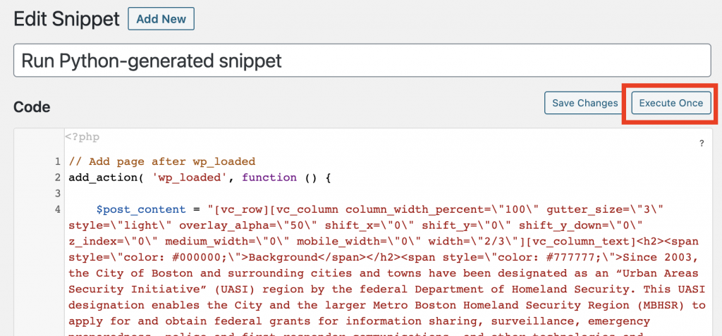 Screenshot of Wordpress Code Snippets plugin page, with 'Execute Once' button highlighted